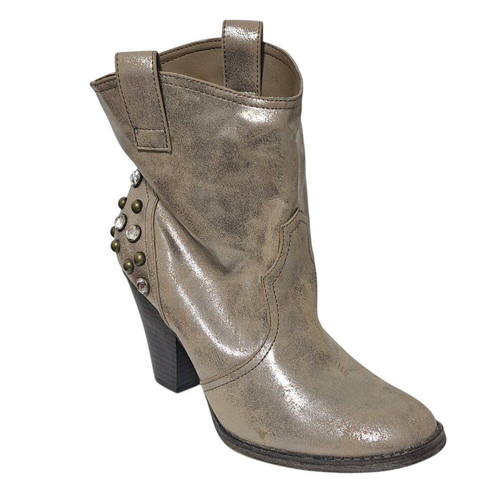 MIA Sunrise Women's Studded Cowboy Ankle Boots Silver Metallic Distressed 7.5